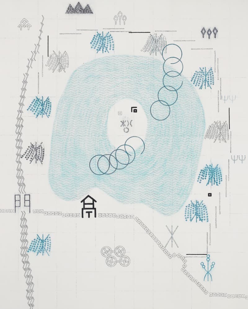 방화수류정(訪花隨柳亭) · 장지에 먹, 안료, 스크래치 · 162x130cm · 2021 (출처= 아트레온)