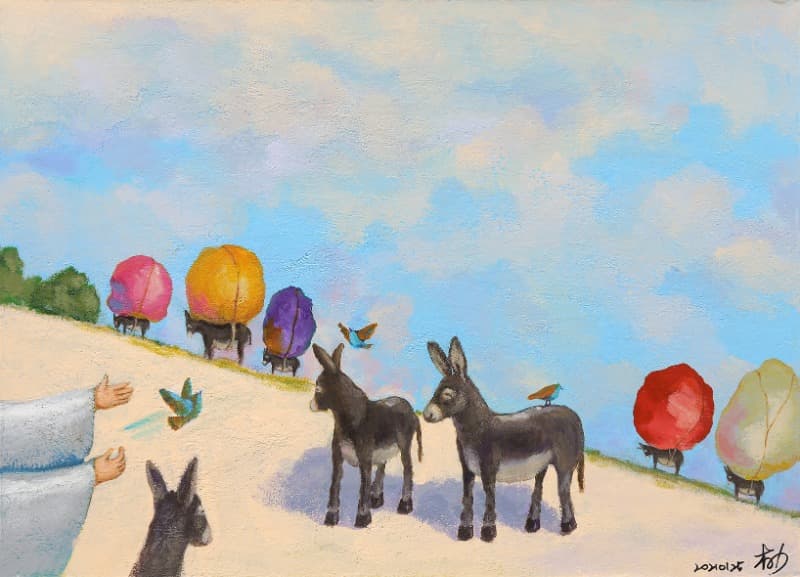 박혜선, 행복한 나귀(from꿈이 있는 자유) · 아크릴 · 26X35.5cm · 2021 (이미지 제공 = 스페이스 엄) · Acrylic on canvas