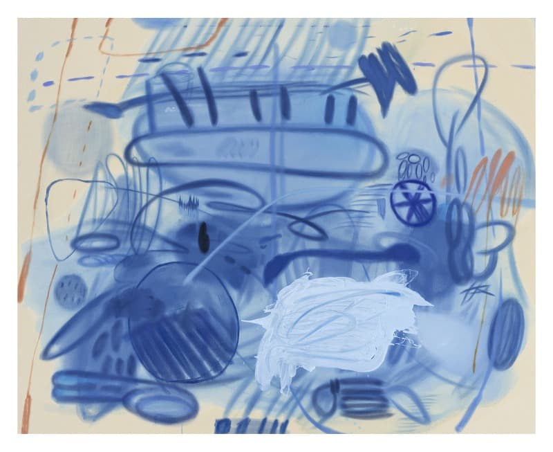 Picture101(in blue) · Oil on unprimed canvas · 182 x 227 cm · 2021 (이미지 제공 = 원앤제이 갤러리) · Picture101(in blue) · Oil on unprimed canvas