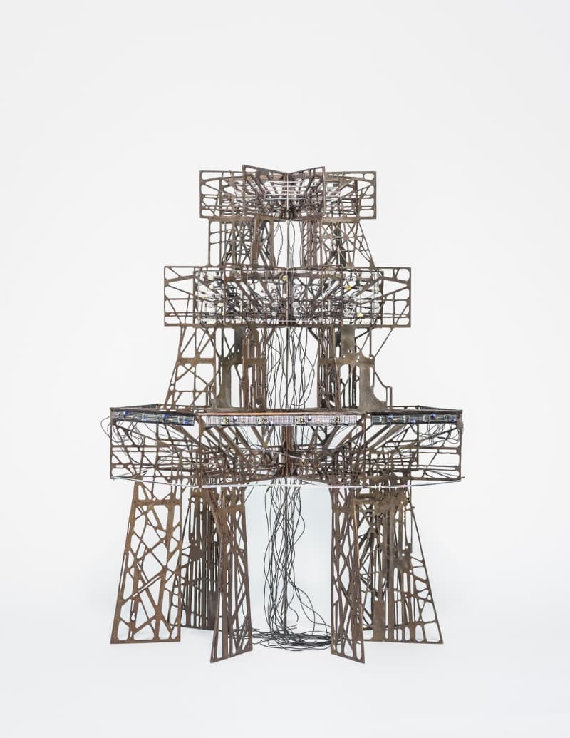 Study for Aubade V (1/5 Scale) · Cast steel (collected from demolished DMZ checkpoint), glass beads, printed circuit board, electronic components, Optium museum acrylic, light bulb, paints for stained glass, coated steel wire, nickel wire, electric wire, h