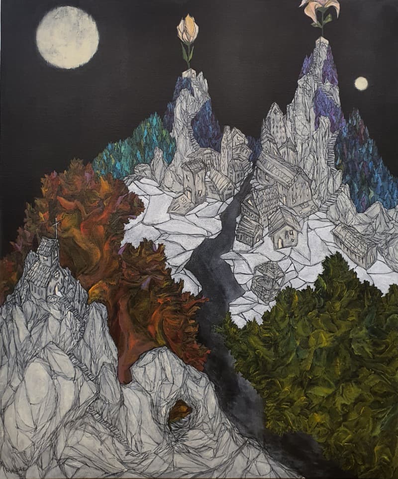 권마태, 나의 교회는 7 · acrylic & conte on canvas · 60.6x72.7cm · 2021 (이미지 제공 = 스페이스 엄) · Church inside 7 · acrylic & conte on canvas