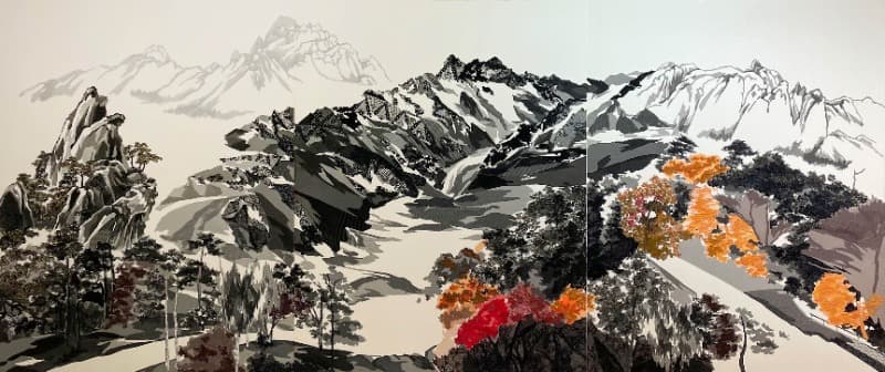 김용원, Blended Landscape #3 · Lingerie collage on silk · 120x273cm · 2021 (이미지 제공 = Schengen gallery) · Kim Yongwon, Blended Landscape #3 · Lingerie collage on silk