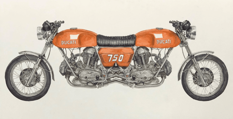 황성욱 Symmetric Bike-Ducati 750 · 광목에 수묵채색 · 135 x 70 cm · 2021 (이미지출처 = 아트스페이스 퀄리아)