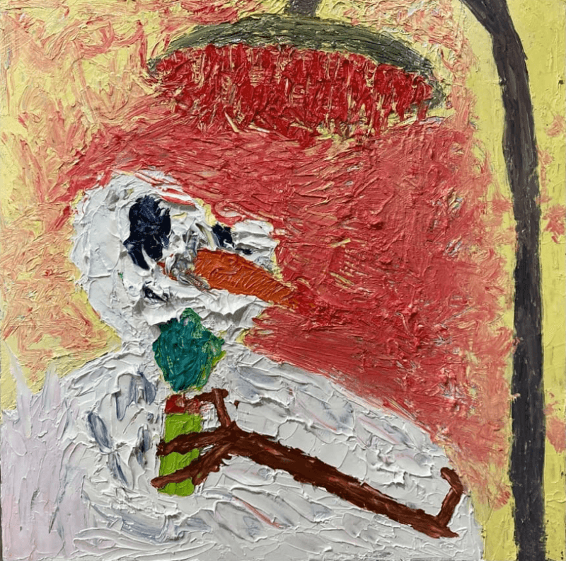 눈사람 자살 시건 3 ; 난로 아래에서 · oil on wood · 50x50cm · 2021 (이미지출처 = 공간일리) · oil on wood