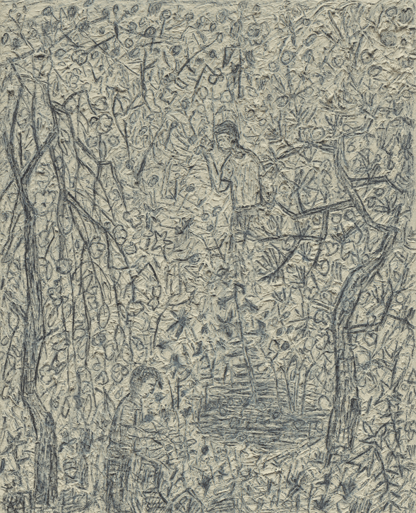 정원과 두 남자 · 캔버스에 유화, 연필 · 27.4 x 22.2 cm · 2021 사진: 안천호 (이미지 출처= 국제갤러리)