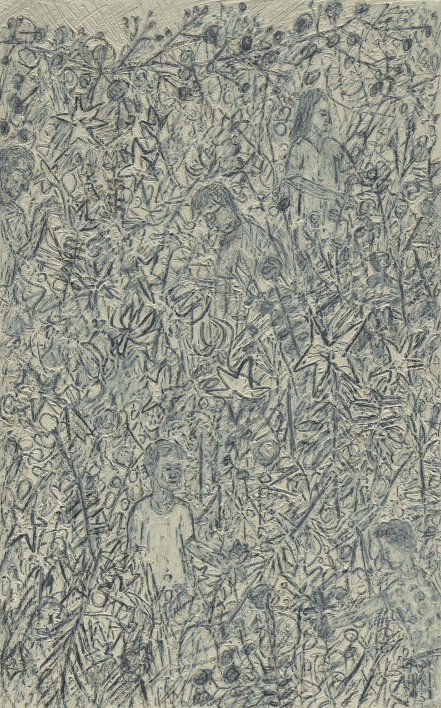 정원과 가족 · 캔버스에 유화, 연필 · 26 x 16.2 cm · 2021 사진: 안천호 (이미지 출처= 국제갤러리)