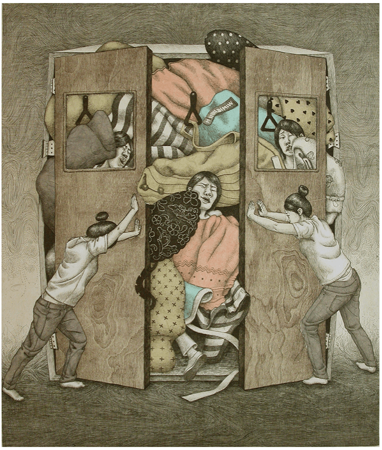 A morning subway~pusher · 에칭, 신콜레 · 48x40cm · 2008 (이미지출처 = 에코락갤러리) · A morning subway~pusher · Etching, Chinecolle
