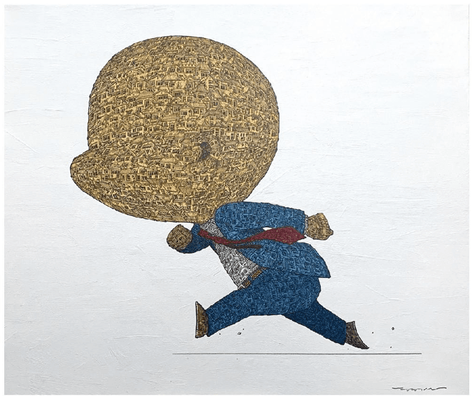 최형길, Mr.Kim Runs Today · Acrylic, Pencil on Softcotton · 53.2x45.6cm · 2022 (이미지출처 = 갤러리반디트라소) · Choi Hyung Gil, Mr.Kim Runs Today · Acrylic, Pencil on Softcotton