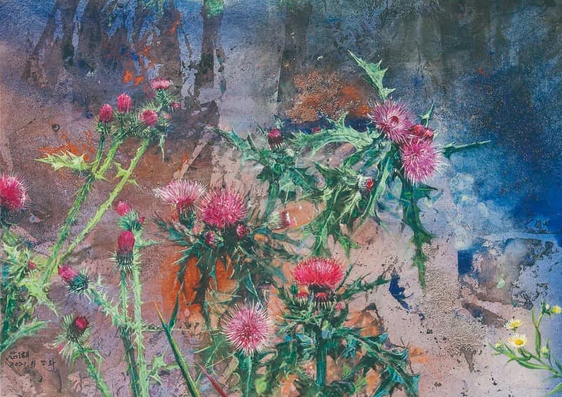 산책-엉겅퀴 · mixed media · 90.9x65.1 cm · 2021 (이미지 제공 = 이상원 미술관)