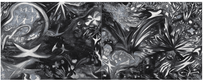 검은비행 · 책 페이지에 순지, 먹, 아크릴, 색연필 · 233.6x91cm · 2022 (이미지출처 = 갤러리도스)