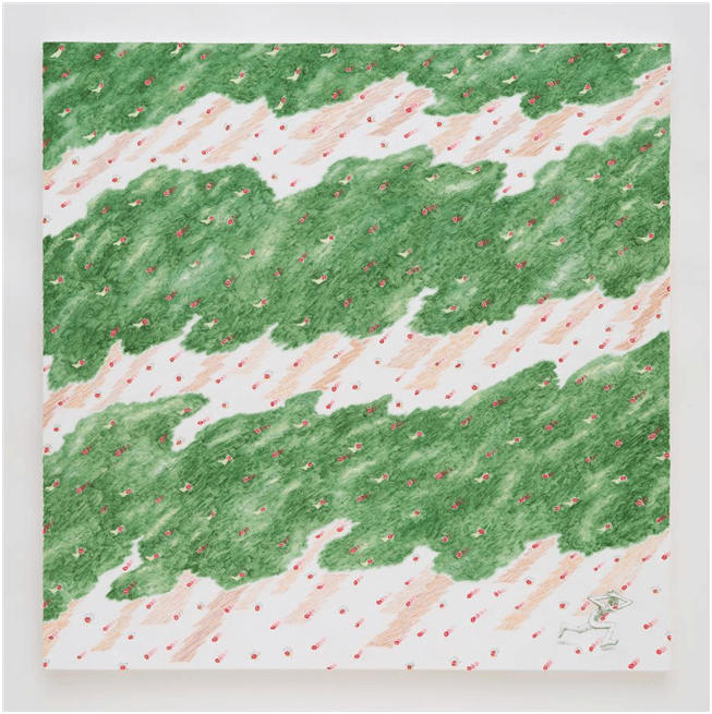 카나리아의 복수 · 캔버스에 유채, 색연필, 볼펜 · 100×100cm · 2021 (이미지출처 = 페이지룸8)