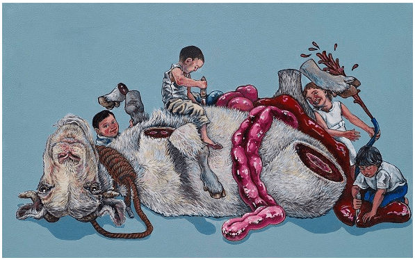 Killing a goat · Acrylic on canvas · 27x45.5cm · 2017 (이미지출처 = 갤러리도스) · Killing a goat · Acrylic on canvas