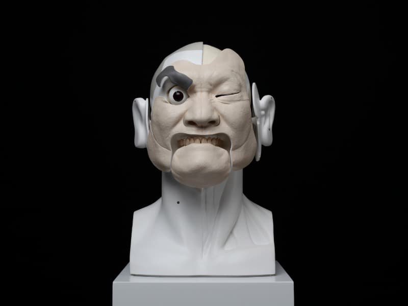 Face Trace 001 · 레진, 인공치아, 스테인리스 철사, 아크릴릭, 알루미늄 판, 볼트 · 36×22.4×23 cm · 2012 (이미지출처 = 부산시립미술관) · Face Trace 001 · Resin, artificial teeth, stainless steel wires, acrylic, etc