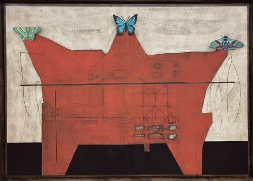 곽태임, Orange Crown- with Butterfly · Collagraph · 130x100cm · 2021 (이미지출처 = BNK부산은행갤러리) · Orange Crown- with Butterfly · Collagraph