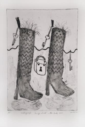 예경희, In my closet-the boots · collagraph · 27x40cm · 2021 (이미지출처 = BNK부산은행갤러리) · In my closet-the boots · Collagraph
