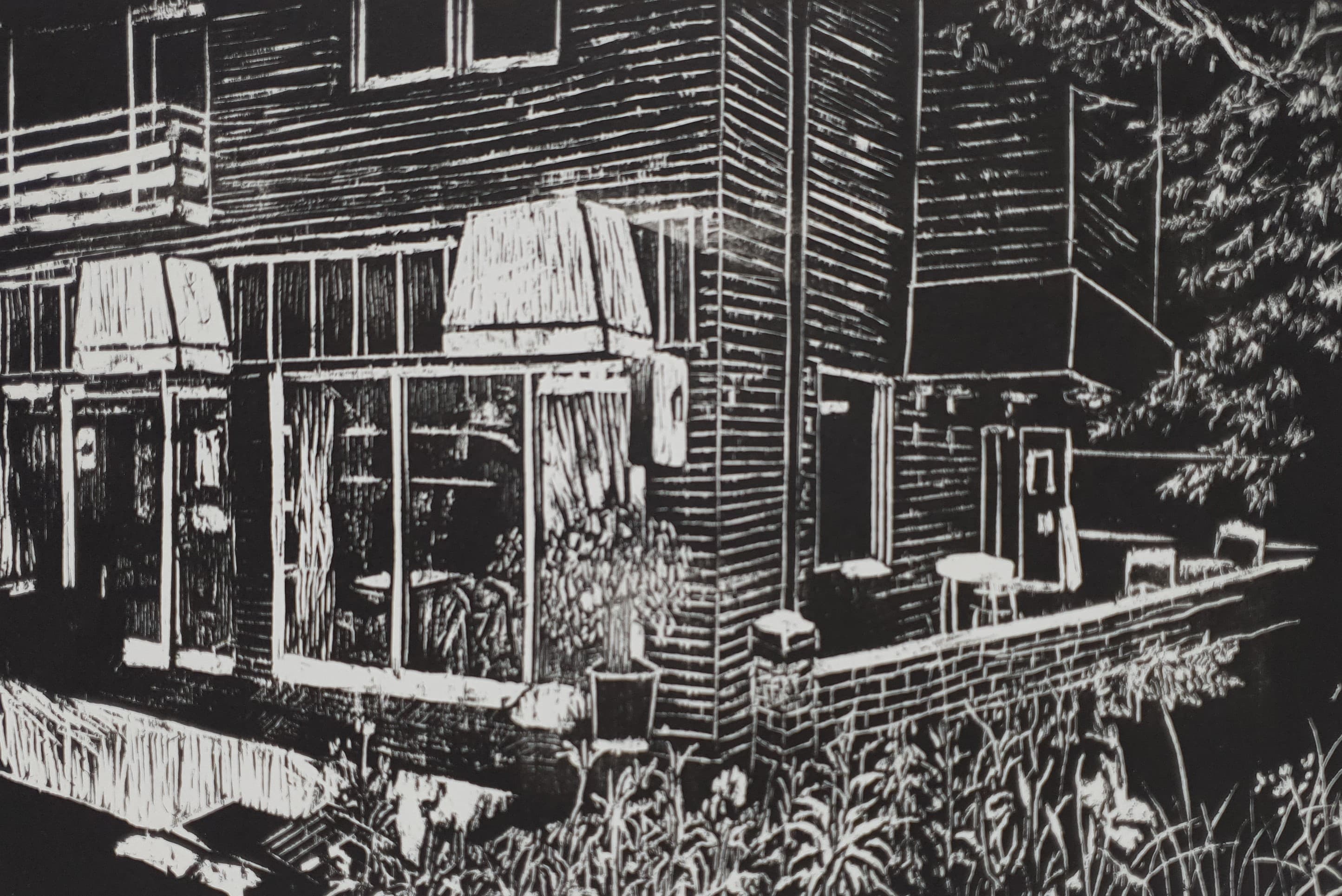 방학카페 · woodcut · 210 × 297 mm · 2018 · Vacation cafe · woodcut