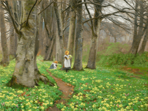 To Piger Plukker Blomster I Forårsskov