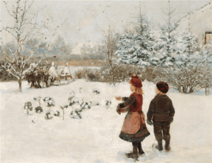 Two Children Feeding Birds in the Snow